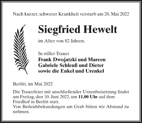 Traueranzeige von Siegfried Hewelt von Märkischen Allgemeine Zeitung