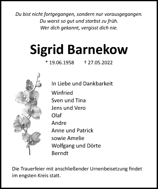 Traueranzeige von Sigrid Barnekow von Ostsee-Zeitung GmbH