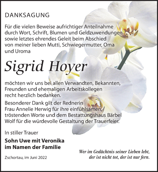 Traueranzeige von Sigrid Hoyer von Leipziger Volkszeitung