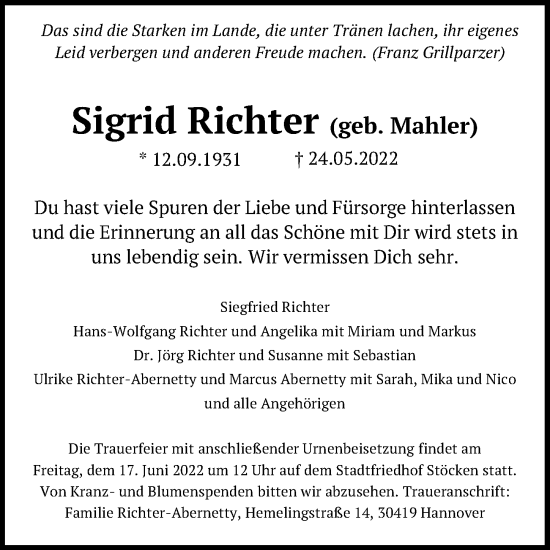 Traueranzeige von Sigrid Richter von Hannoversche Allgemeine Zeitung/Neue Presse