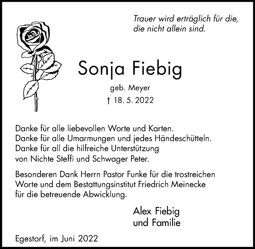  Traueranzeige für Sonja Fiebig vom 25.06.2022 aus Hannoversche Allgemeine Zeitung/Neue Presse