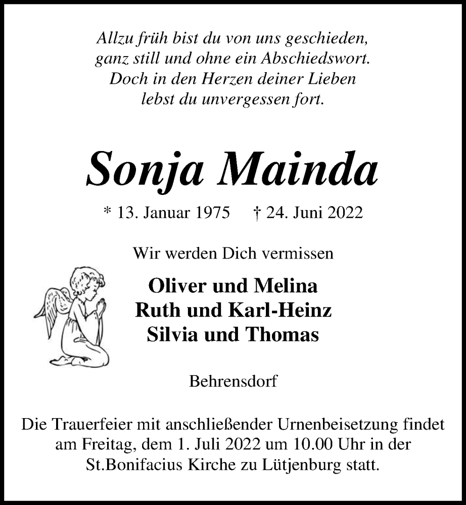  Traueranzeige für Sonja Mainda vom 29.06.2022 aus Kieler Nachrichten