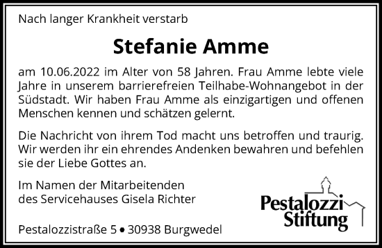 Traueranzeige von Stefanie Amme von Hannoversche Allgemeine Zeitung/Neue Presse