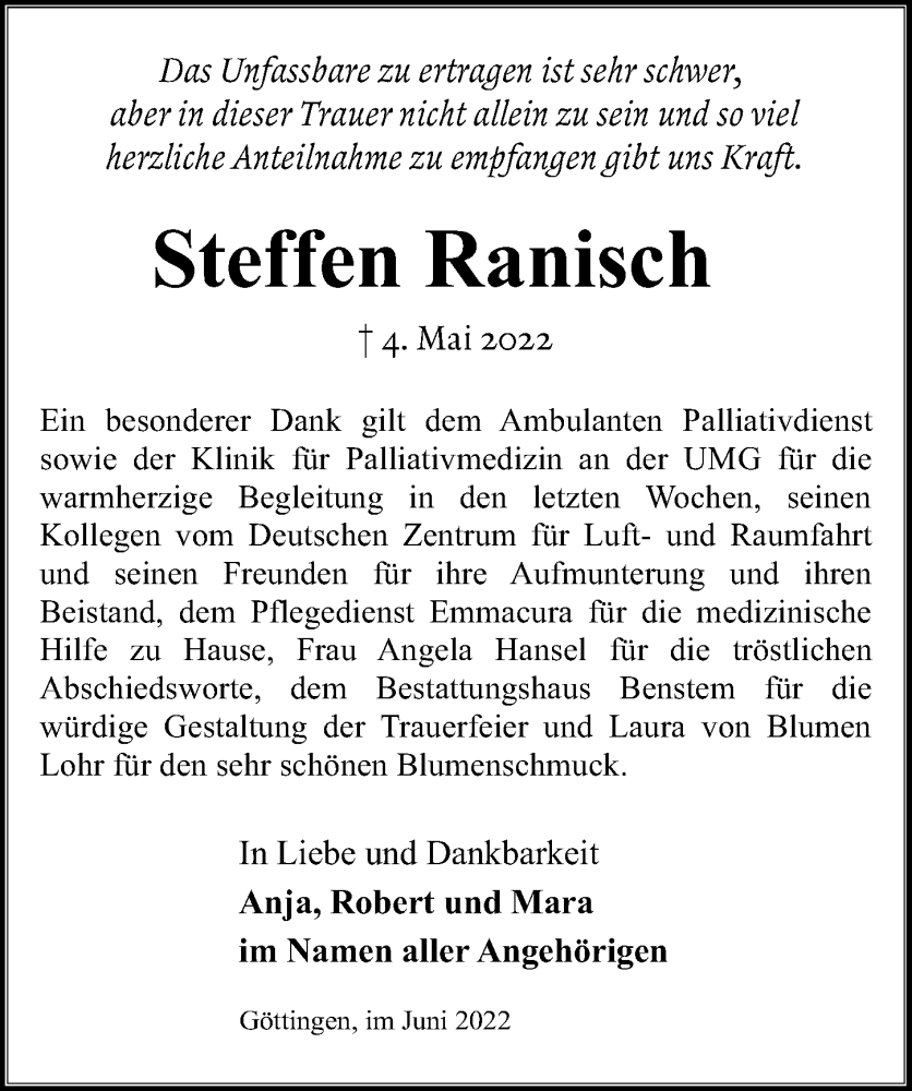  Traueranzeige für Steffen Ranisch vom 18.06.2022 aus Göttinger Tageblatt