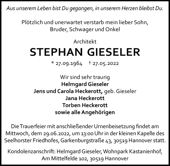 Traueranzeige von Stephan Gieseler von Hannoversche Allgemeine Zeitung/Neue Presse