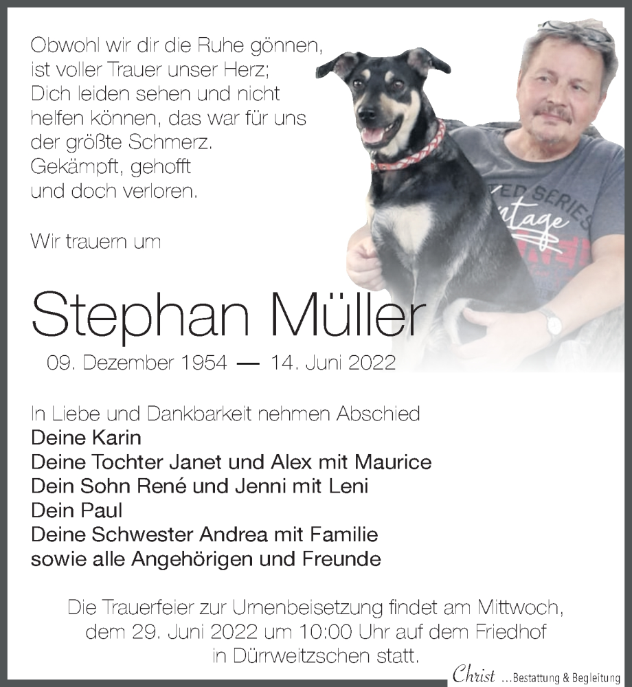  Traueranzeige für Stephan Müller vom 18.06.2022 aus Leipziger Volkszeitung