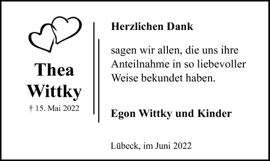 Traueranzeige von Thea Wittky von Lübecker Nachrichten