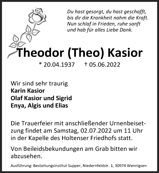 Traueranzeige von Theodor Kasior von Hannoversche Allgemeine Zeitung/Neue Presse