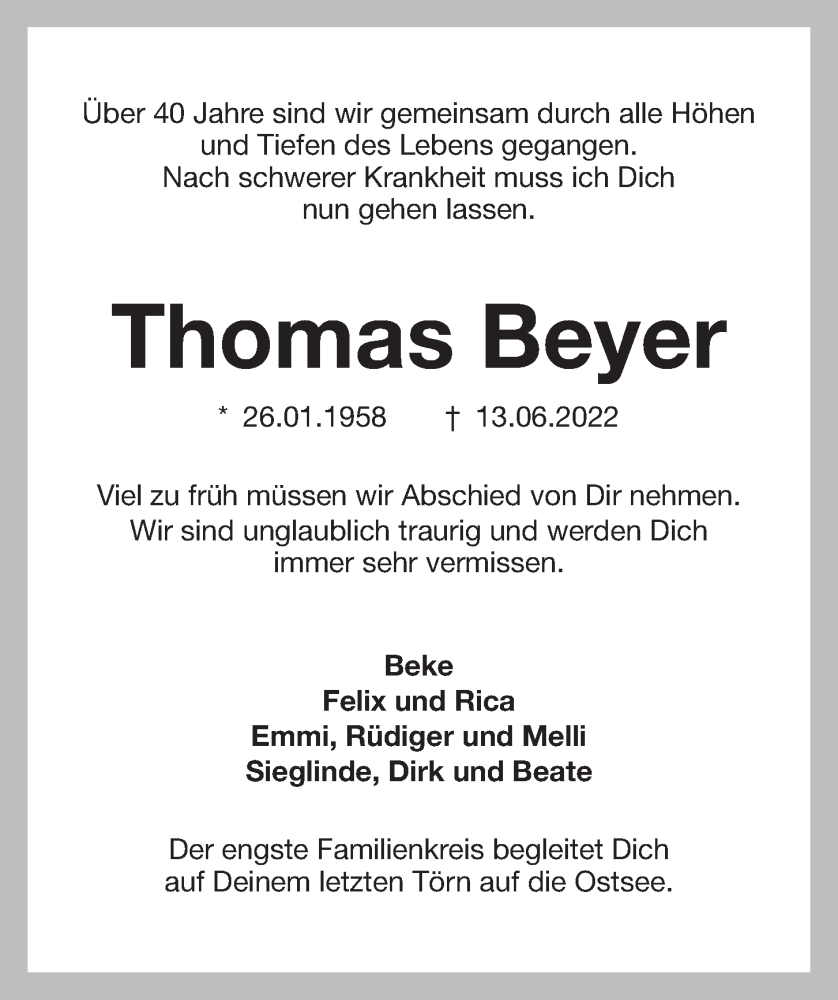  Traueranzeige für Thomas Beyer vom 25.06.2022 aus Kieler Nachrichten