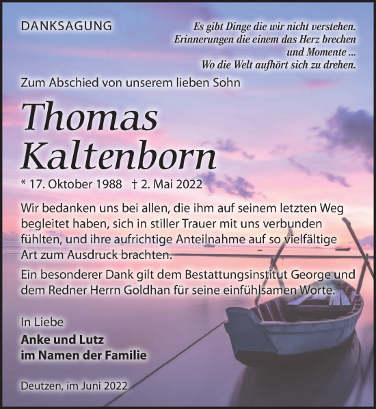 Traueranzeige von Thomas Kaltenborn von Leipziger Volkszeitung