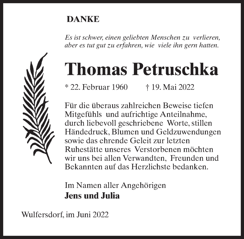  Traueranzeige für Thomas Petruschka vom 18.06.2022 aus Märkischen Allgemeine Zeitung