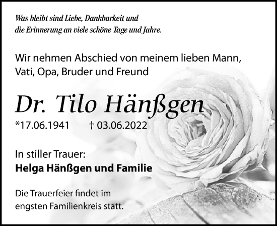 Traueranzeige von Tilo Hänßgen von Leipziger Volkszeitung