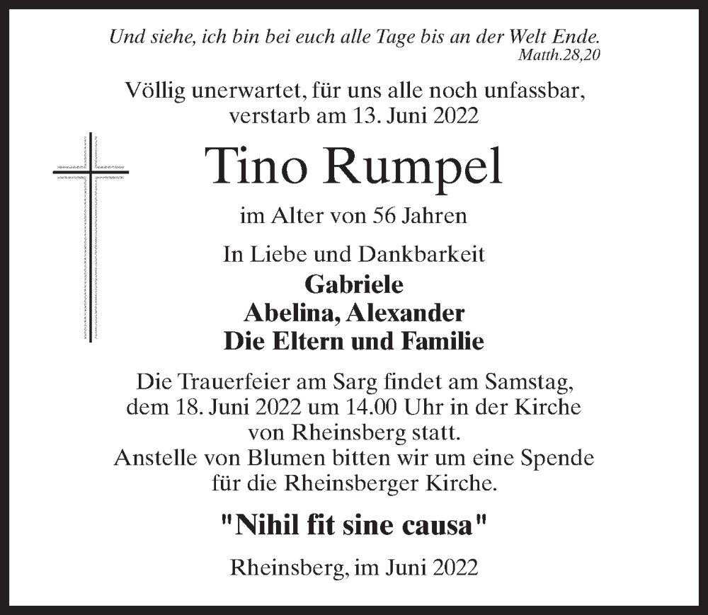  Traueranzeige für Tino Rumpel vom 16.06.2022 aus Märkischen Allgemeine Zeitung