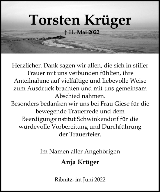 Traueranzeige von Torsten Krüger von Ostsee-Zeitung GmbH