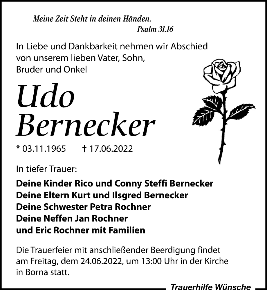  Traueranzeige für Udo Bernecker vom 22.06.2022 aus Leipziger Volkszeitung