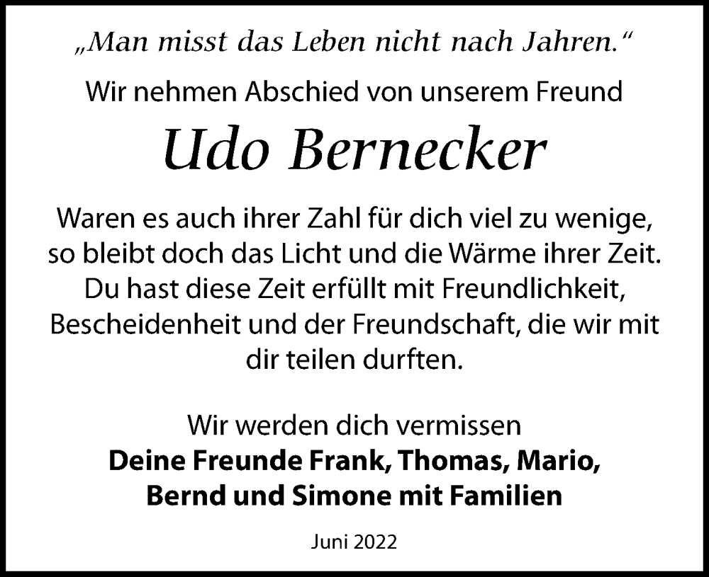  Traueranzeige für Udo Bernecker vom 25.06.2022 aus Leipziger Volkszeitung