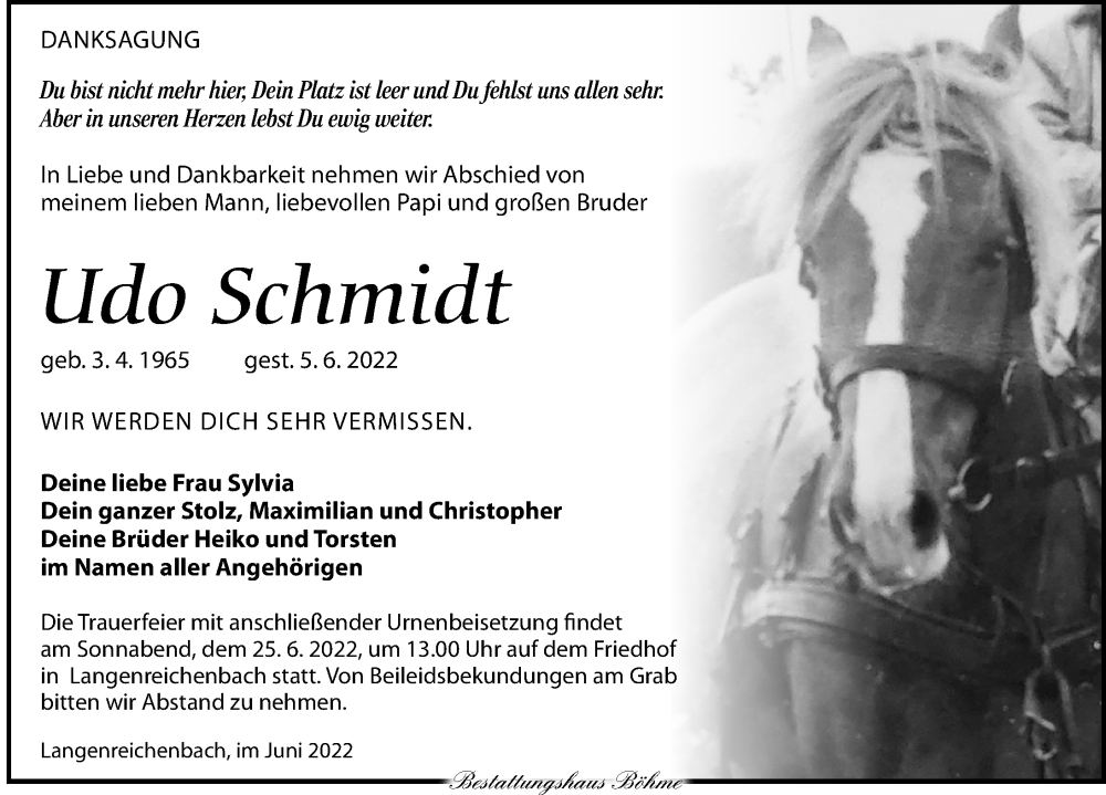  Traueranzeige für Udo Schmidt vom 11.06.2022 aus Torgauer Zeitung