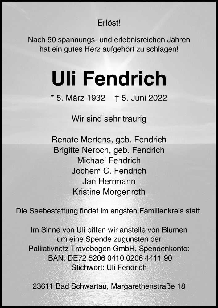  Traueranzeige für Uli Fendrich vom 12.06.2022 aus Lübecker Nachrichten