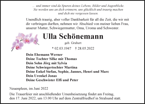Traueranzeige von Ulla Schönemann von Ostsee-Zeitung GmbH