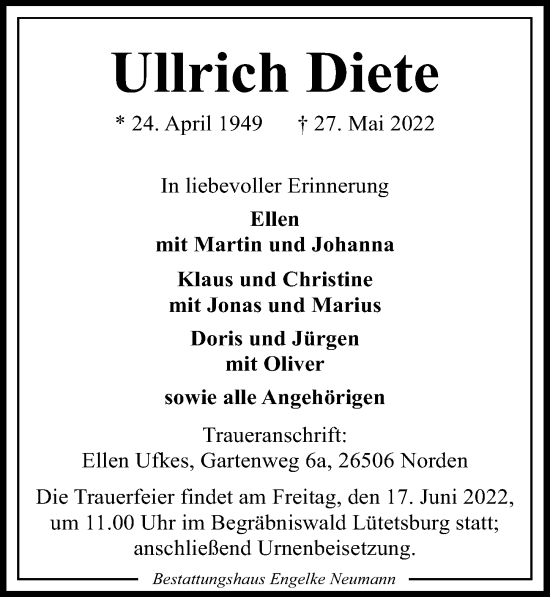Traueranzeige von Ullrich Diete von Göttinger Tageblatt