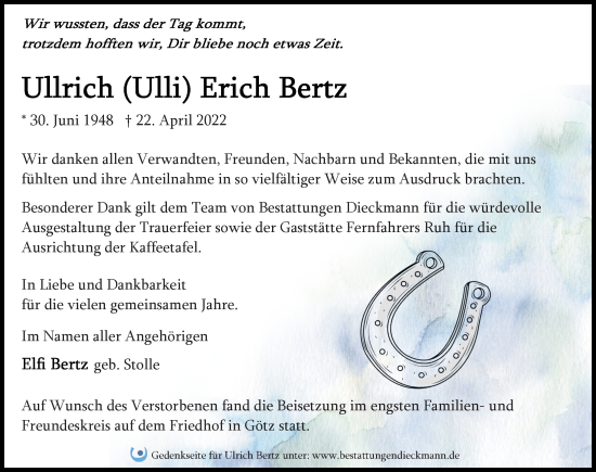 Traueranzeige von Ullrich Erich Bertz von Märkischen Allgemeine Zeitung