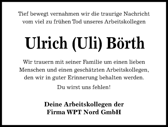 Traueranzeige von Ulrich Börth von Kieler Nachrichten