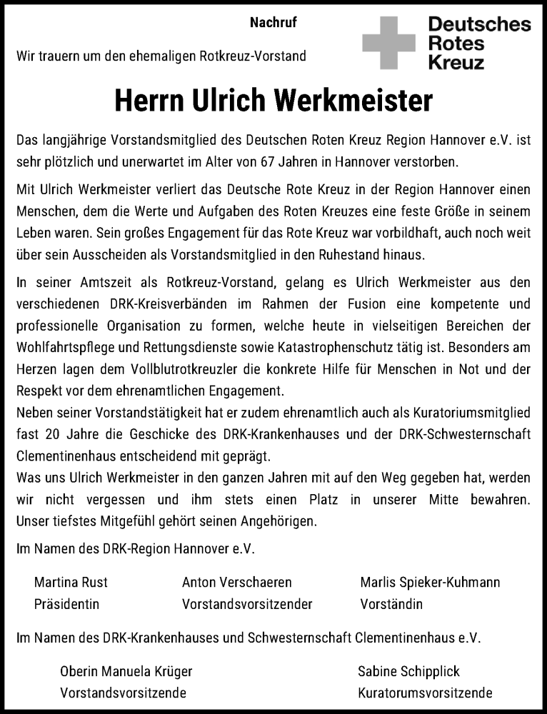  Traueranzeige für Ulrich Werkmeister vom 25.06.2022 aus Hannoversche Allgemeine Zeitung/Neue Presse