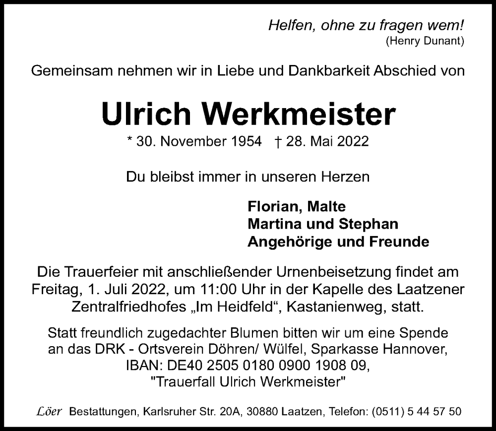  Traueranzeige für Ulrich Werkmeister vom 25.06.2022 aus Hannoversche Allgemeine Zeitung/Neue Presse