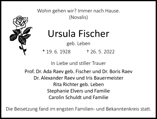 Traueranzeige von Ursula Fischer von Märkischen Allgemeine Zeitung