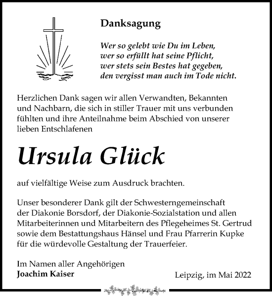 Traueranzeige von Ursula Glück von Leipziger Volkszeitung