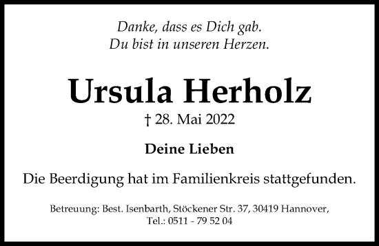 Traueranzeige von Ursula Herholz von Hannoversche Allgemeine Zeitung/Neue Presse