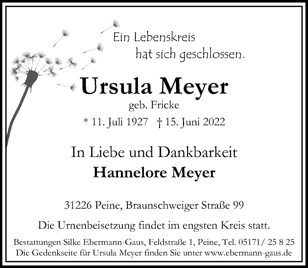  Traueranzeige für Ursula Meyer vom 18.06.2022 aus Peiner Allgemeine Zeitung