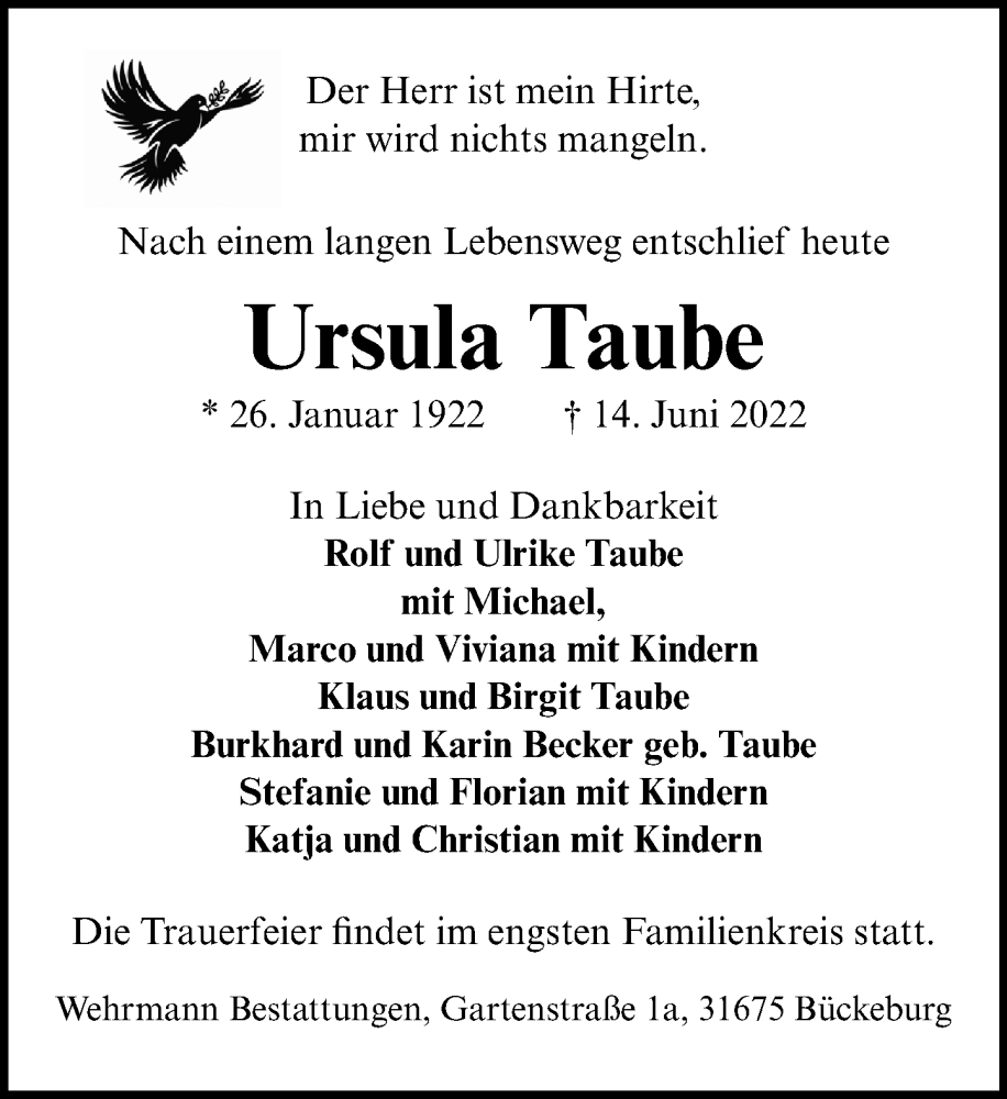  Traueranzeige für Ursula Taube vom 18.06.2022 aus Schaumburger Nachrichten