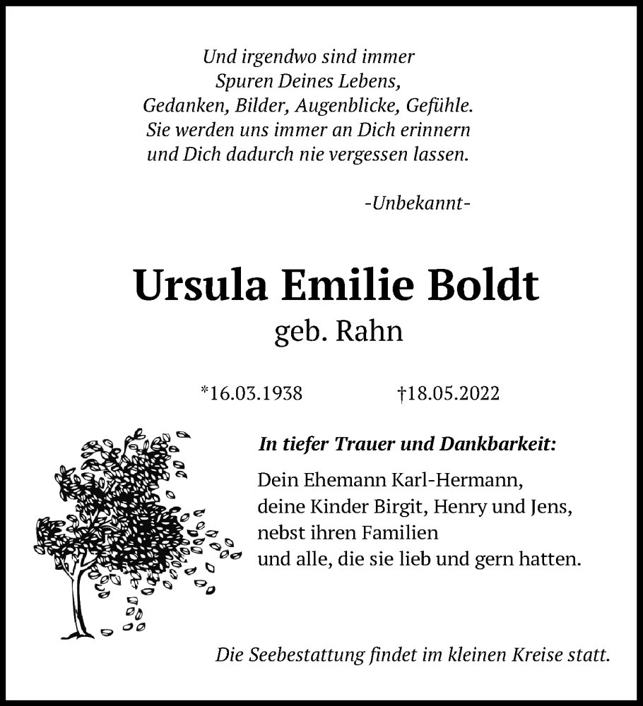  Traueranzeige für Ursula Emilie Boldt vom 04.06.2022 aus Ostsee-Zeitung GmbH