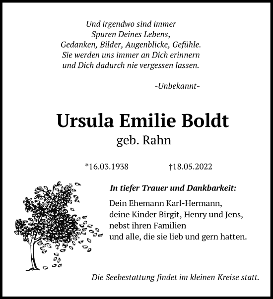 Traueranzeige von Ursula Emilie Boldt von Ostsee-Zeitung GmbH