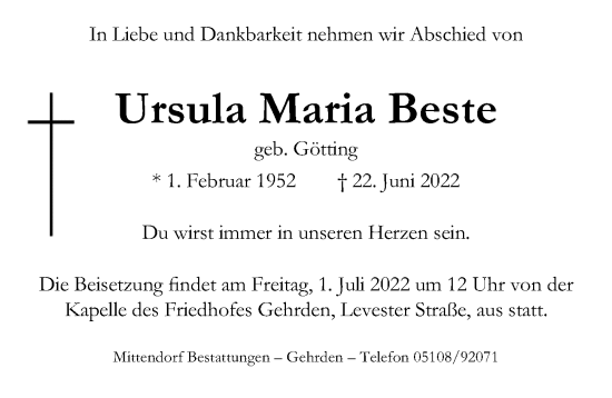 Traueranzeige von Ursula Maria Beste von Hannoversche Allgemeine Zeitung/Neue Presse