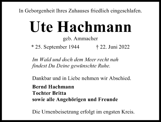 Traueranzeige von Ute Hachmann von Kieler Nachrichten