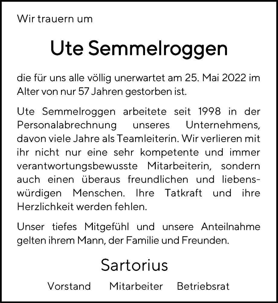  Traueranzeige für Ute Semmelroggen vom 04.06.2022 aus Göttinger Tageblatt