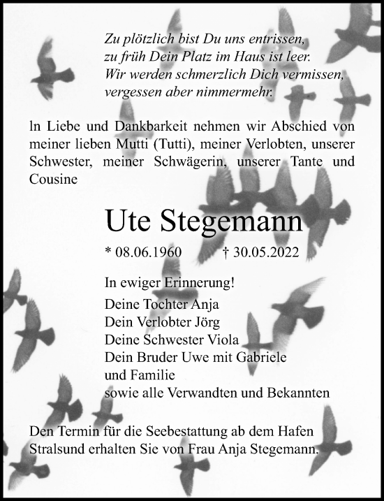 Traueranzeige von Ute Stegemann von Ostsee-Zeitung GmbH