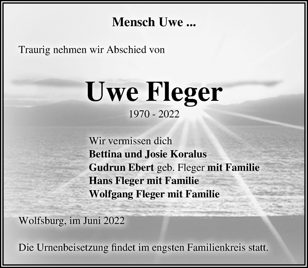  Traueranzeige für Uwe Fleger vom 17.06.2022 aus Aller Zeitung