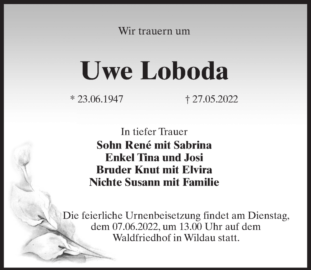  Traueranzeige für Uwe Loboda vom 28.05.2022 aus Märkischen Allgemeine Zeitung