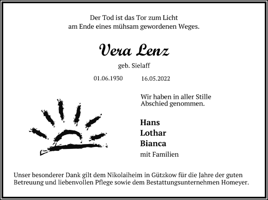 Traueranzeige von Vera Lenz von Ostsee-Zeitung GmbH