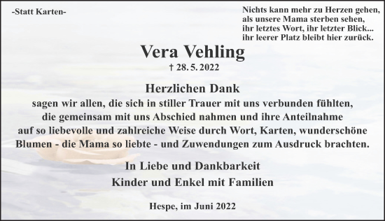 Traueranzeige von Vera Vehling von Schaumburger Nachrichten