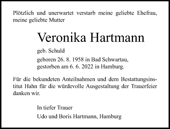 Traueranzeige von Veronika Hartmann von Lübecker Nachrichten