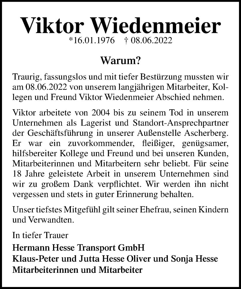  Traueranzeige für Viktor Wiedenmeier vom 25.06.2022 aus Göttinger Tageblatt