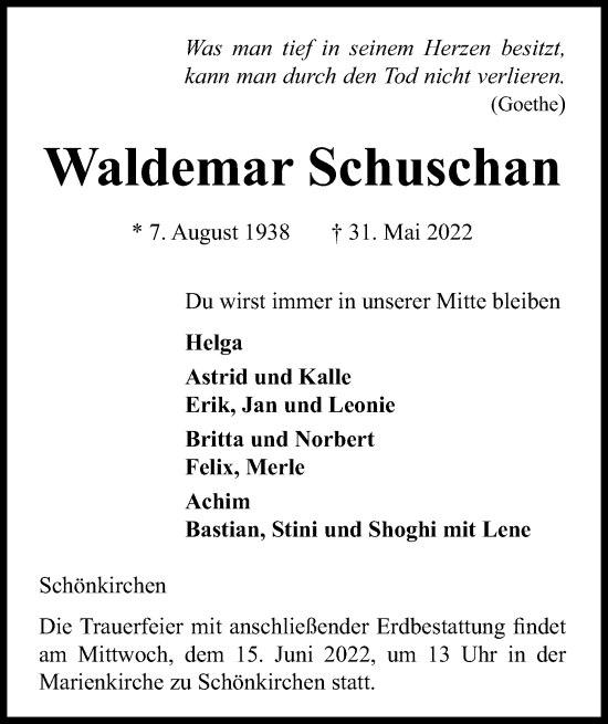 Traueranzeige von Waldemar Schuschan von Kieler Nachrichten