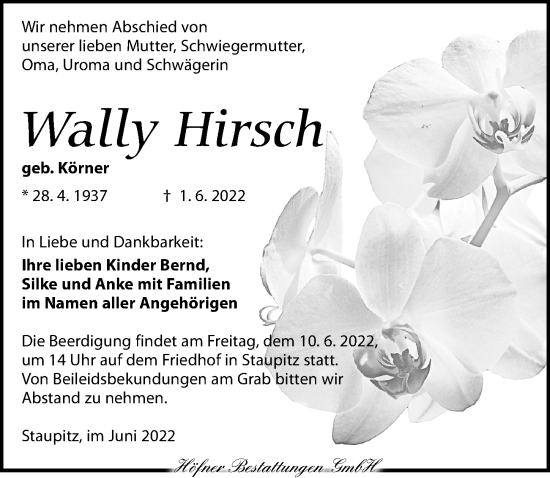 Traueranzeige von Wally Hirsch von Torgauer Zeitung