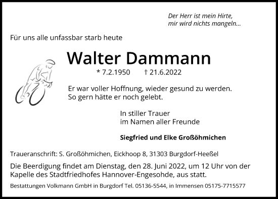 Traueranzeige von Walter Dammann von Hannoversche Allgemeine Zeitung/Neue Presse