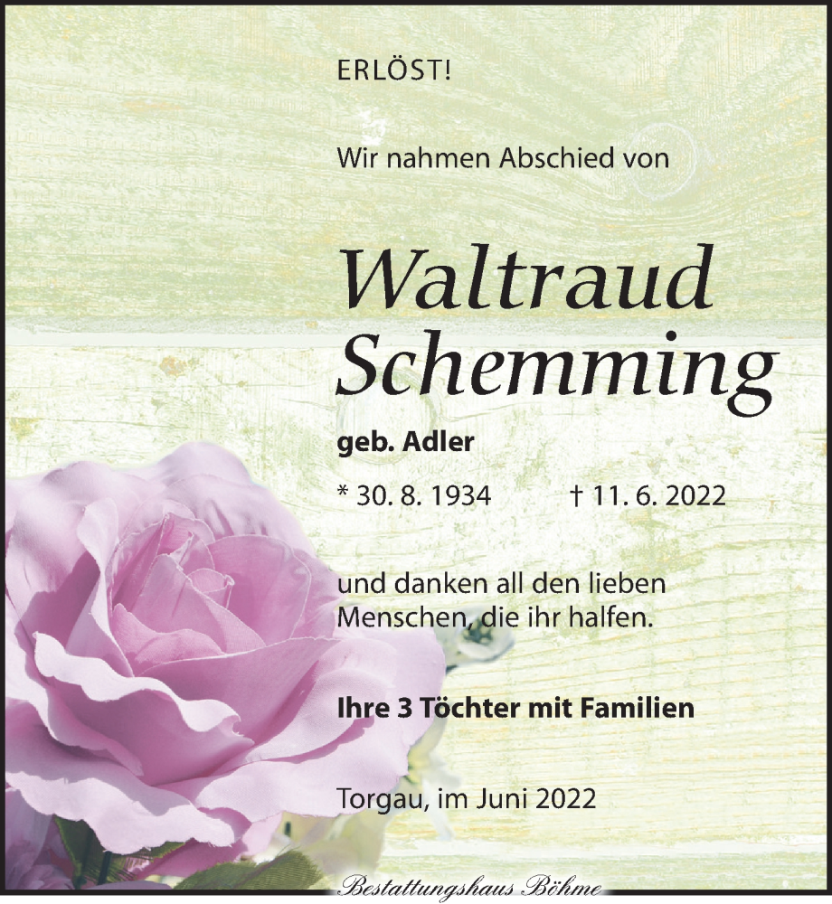  Traueranzeige für Waltraud anwSchemming vom 18.06.2022 aus Torgauer Zeitung