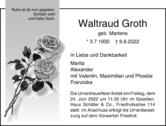 Traueranzeige von Waltraud Groth von Lübecker Nachrichten